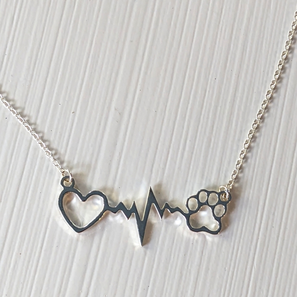 Paw Print Heartbeat Necklace - Metal with Chain EKG ECG Heart Beat Pet Dog Cat